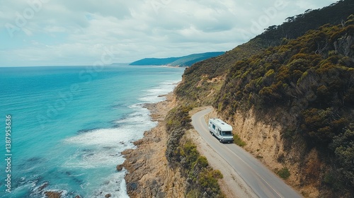 A campervan driving along a rugged coastal road, cliffs dropping into the ocean.