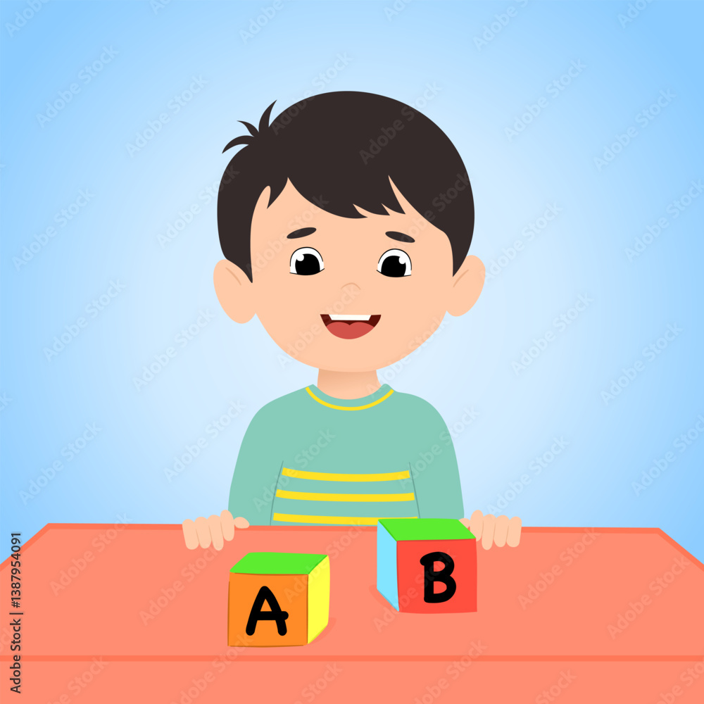 happy little boy playing alphabet cubes on the table. Childish educative squared blocks elementary information game toy basic building and learning. happy little boy playing alphabet cubes on the table. Childish educative squared blocks elementary information game toy basic building and learning.