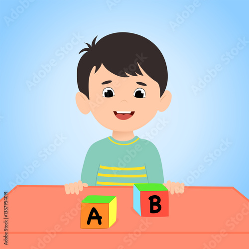 happy little boy playing alphabet cubes on the table. Childish educative squared blocks elementary information game toy basic building and learning.