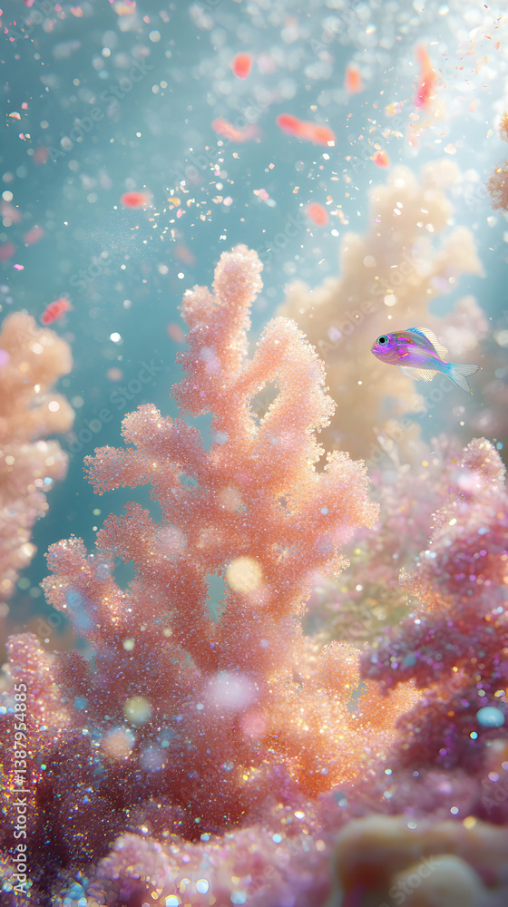 Naklejka premium Vibrant Underwater Scene with Colorful Coral Reefs and Small Fish Surrounded by Sunlight
