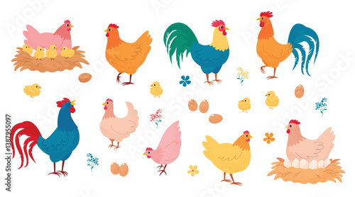 Set of vector colored hens, chickens, roosters and chicken eggs. Hen in nest hatching eggs. Illustration with hand drawn pencil and chalk textures. Home poultry farming. Easter decor. Chicken coops.