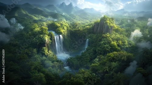 Lush rainforest valley with waterfalls