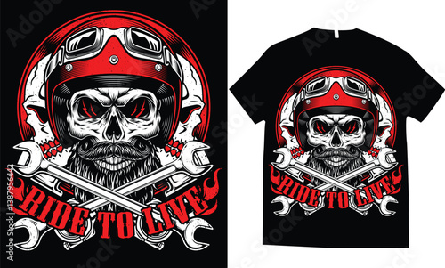 Motorcycle skull helmet byker rider piston rebel gear engine speed rider wings grunge t-shirt design distressed vector illustration.
