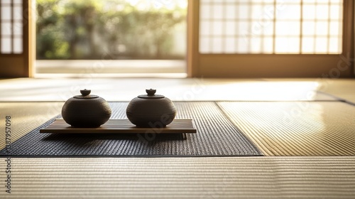 Traditional Japanese Tea Set on Tatami Mat in Serene Setting