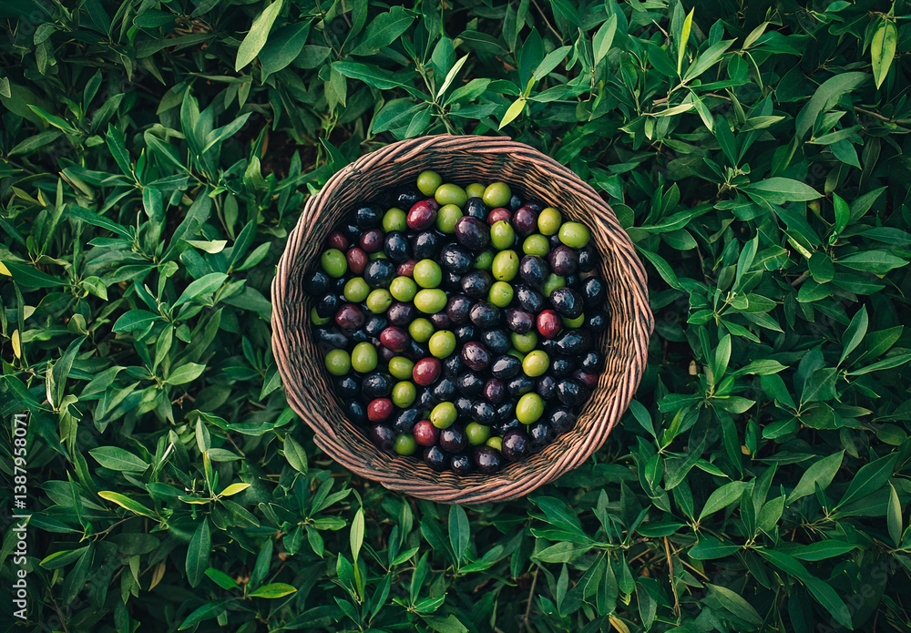 Fototapeta premium Overhead View of Basket Full of Fresh Olives