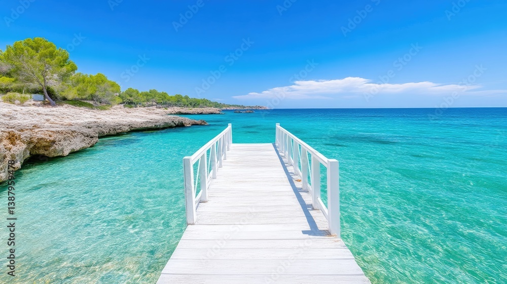 Obraz premium A white wooden dock extends into a vibrant turquoise sea. The composition features a rocky shoreline with sparse vegetation. The image boasts high resolution and bright natural lighting. Its a serene