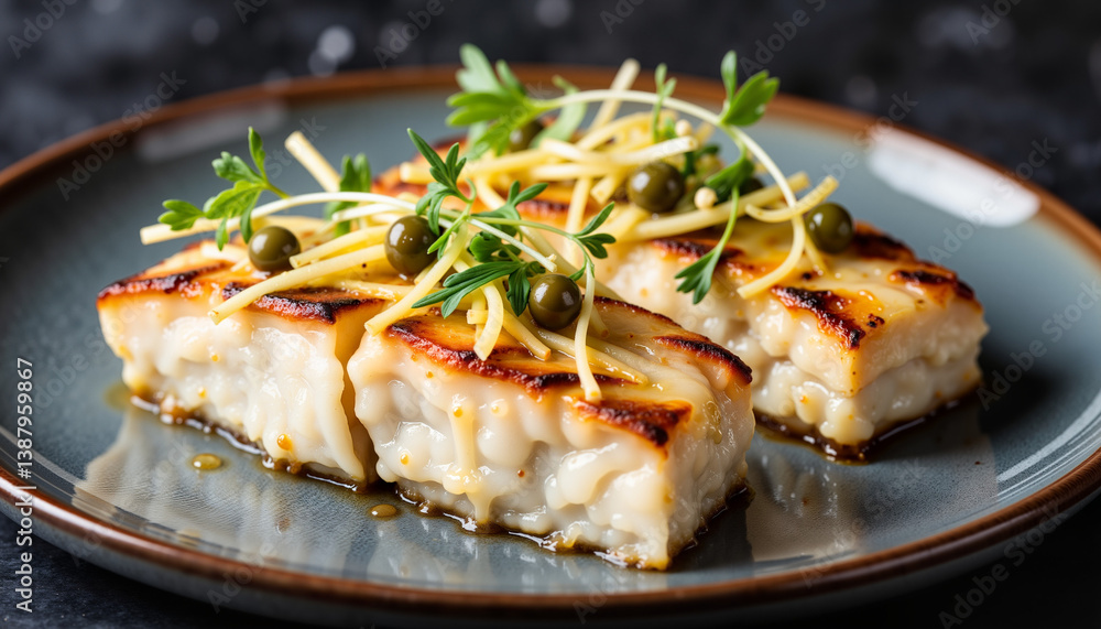Grilled sea bass with lemon and caper sauce, culinary delight Grilled sea bass with lemon and caper sauce, culinary delight