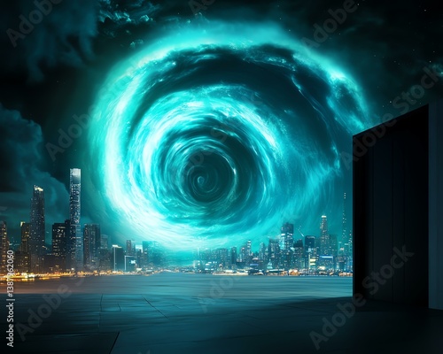 A mesmerizing vortex spirals over a futuristic city skyline at night.