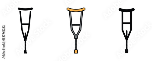 Set of medical crutch icons in flat and outline style for healthcare, injury, and orthopedic design use
