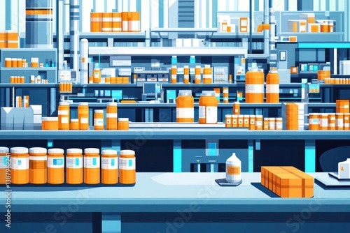Pharmaceutical factory interior, automated production line, modern warehouse, busy background.  Possible use Illustration