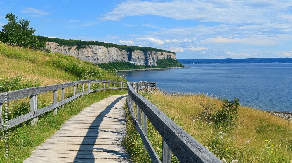 A charming wooden boardwalk hugging the edge of a steep coastal cliff. A charming wooden boardwalk hugging the edge of a steep coastal cliff.