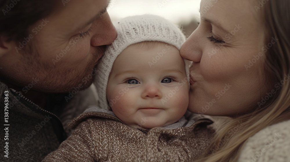 A close up shot of a baby being kissed on both cheeks by its parents in a warm and loving moment A close up shot of a baby being kissed on both cheeks by its parents in a warm and loving moment