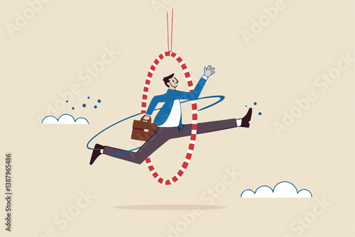 Capability or employee competence, skill and performance to achieve success, challenge or motivation to overcome obstacle, winning concept, capable skillful businessman winner jump through the hoop.