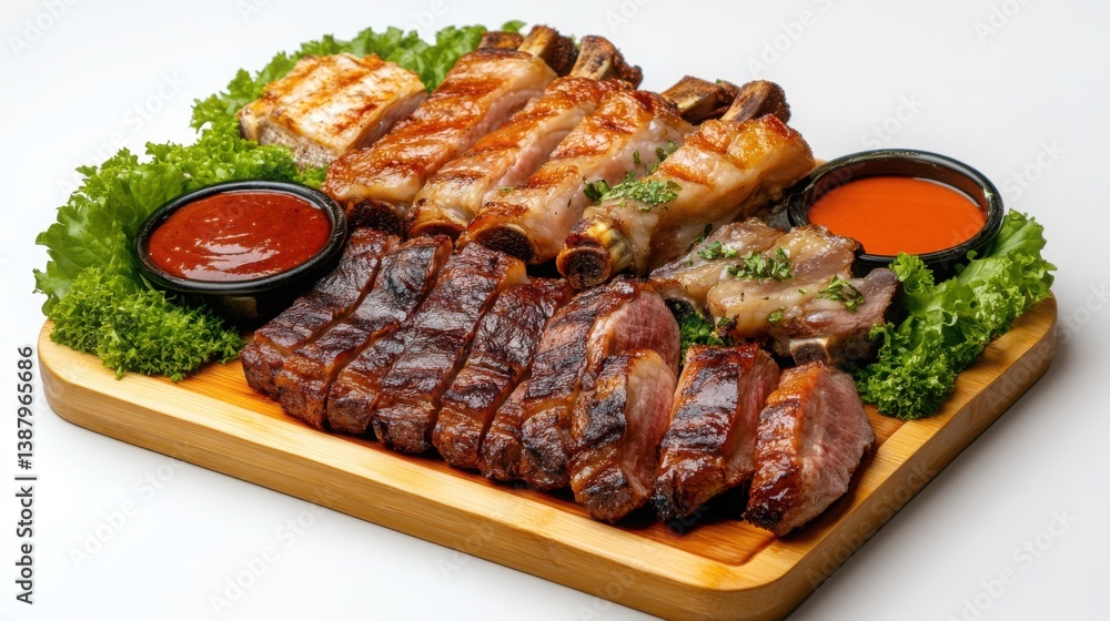 A lavish meat platter with slow-roasted lamb shank, grilled pork belly, and aged beef steak A lavish meat platter with slow-roasted lamb shank, grilled pork belly, and aged beef steak