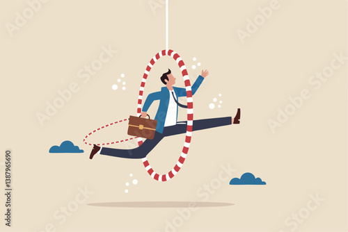Capability or employee competence, skill and performance to achieve success, challenge or motivation to overcome obstacle, winning concept, capable skillful businessman winner jump through the hoop.
