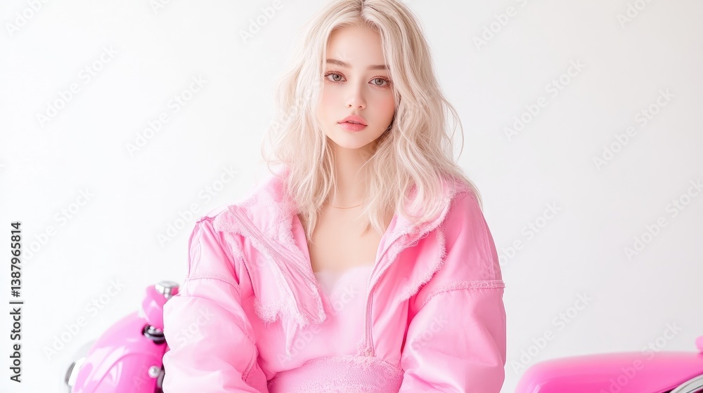 A young woman with platinum blonde hair wears a pink jacket. She sits against a partially visible pink scooter. The image is high-quality, with soft lighting creating a dreamy mood. The pastel pink A young woman with platinum blonde hair wears a pink jacket. She sits against a partially visible pink scooter. The image is high-quality, with soft lighting creating a dreamy mood. The pastel pink
