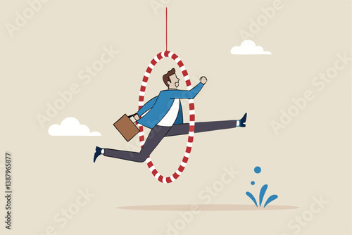 Capability or employee competence, skill and performance to achieve success, challenge or motivation to overcome obstacle, winning concept, capable skillful businessman winner jump through the hoop.