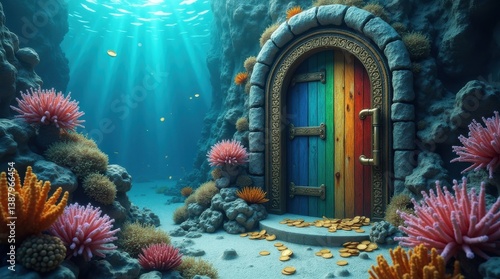 Fototapeta Naklejka Na Ścianę i Meble -  Unlocking financial opportunities a colorful door beneath the ocean coral reef environment underwater concept