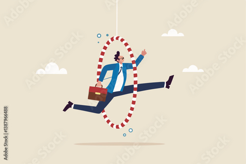 Capability or employee competence, skill and performance to achieve success, challenge or motivation to overcome obstacle, winning concept, capable skillful businessman winner jump through the hoop.