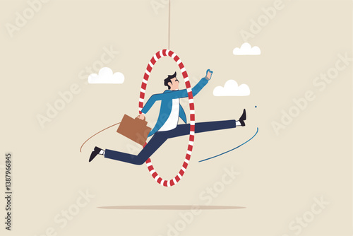 Capability or employee competence, skill and performance to achieve success, challenge or motivation to overcome obstacle, winning concept, capable skillful businessman winner jump through the hoop.