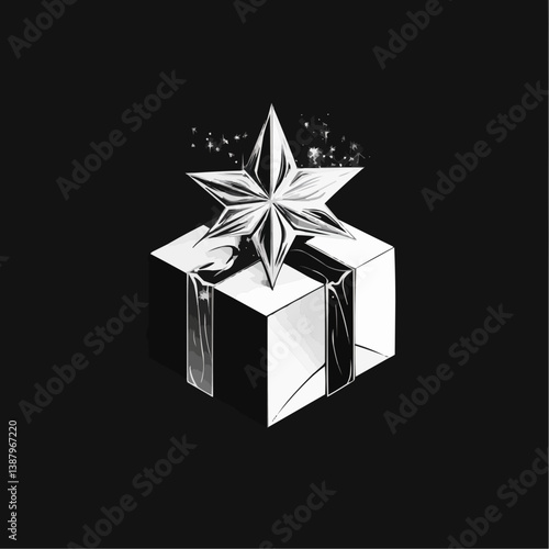 Clean and minimal style gift box with star decoration in monochrome for festive celebration