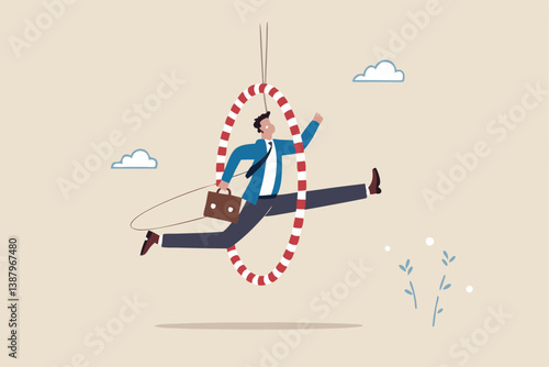 Capability or employee competence, skill and performance to achieve success, challenge or motivation to overcome obstacle, winning concept, capable skillful businessman winner jump through the hoop.