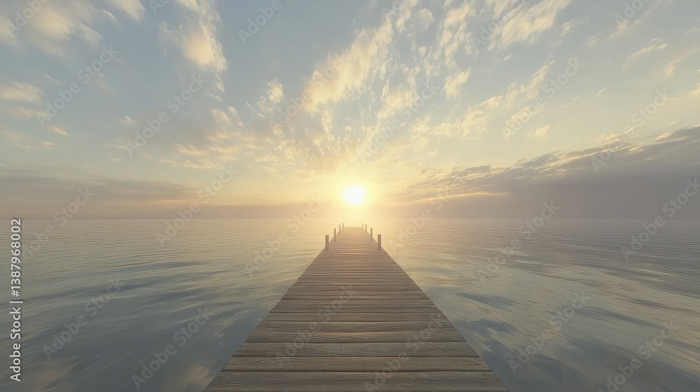 Fototapeta premium A scenic pier extending into the ocean, surrounded by calm waters and soft clouds.