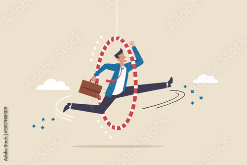 Capability or employee competence, skill and performance to achieve success, challenge or motivation to overcome obstacle, winning concept, capable skillful businessman winner jump through the hoop.