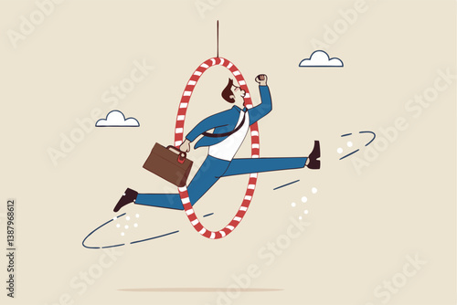 Capability or employee competence, skill and performance to achieve success, challenge or motivation to overcome obstacle, winning concept, capable skillful businessman winner jump through the hoop.