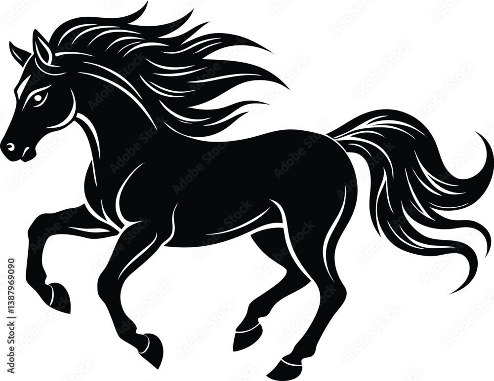 Horse galloping with flowing mane silhouette Horse galloping with flowing mane silhouette