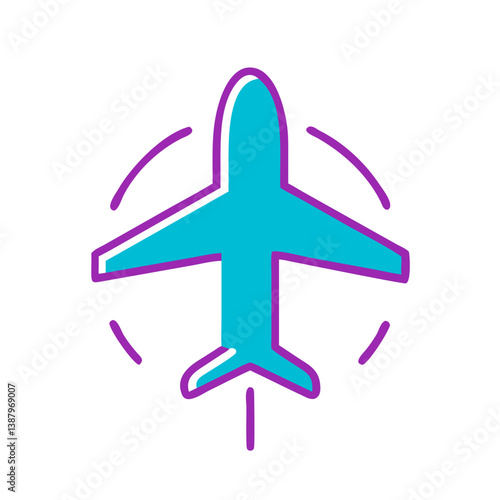 Airplane icon in turquoise and purple colors with circular lines  