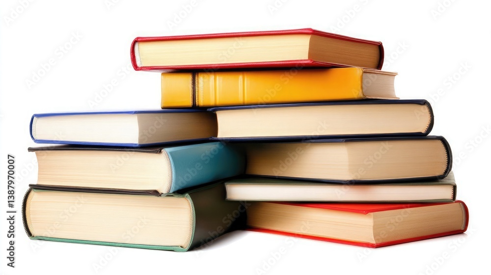 A stack of hardcover books neatly arranged on a clean white background. A stack of hardcover books neatly arranged on a clean white background.