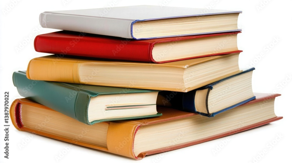 A stack of hardcover books neatly arranged on a clean white background. A stack of hardcover books neatly arranged on a clean white background.