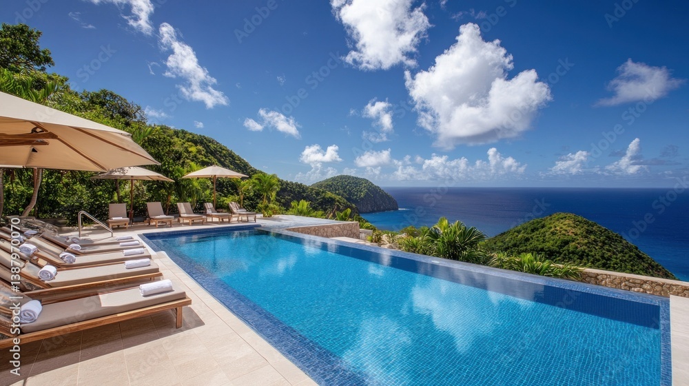 Obraz premium Luxury Villa Swimming Pool Overlooking Caribbean Sea in Saint Lucia