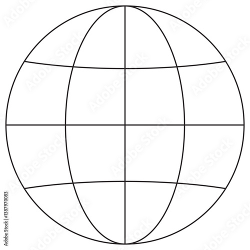 Icon of a globe with latitude and longitude lines, representing the world, global network, and internet. Vector pictogram with thin black lines on a transparent background. Line thickness is editable
