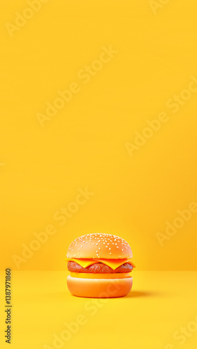 A juicy burger with melted cheese, placed on a bright yellow background. The composition follows a minimalist style with a vertical layout, perfect for creating an Instagram story or reel