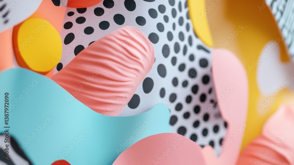 Colorful Abstract Shapes in Pastel Background with Memphis Style Elements