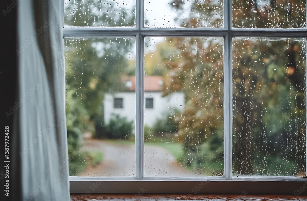 Naklejka premium A close-up of the window with raindrops on it, overlooking green trees and houses in the springtime
