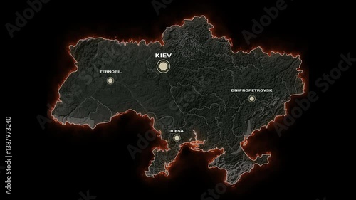 The territory of Ukraine in a fiery outline with markings of large cities