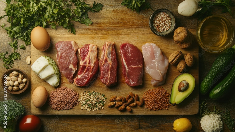 Tabla de carne y alimentos frescos para cocinar