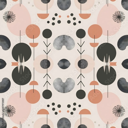 Seamless Minimal Geometric Pattern with Soft Pastel Shapes and Symmetrical Scandinavian Design

