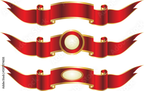 Elegant red and gold award ribbons with blank centers for customization