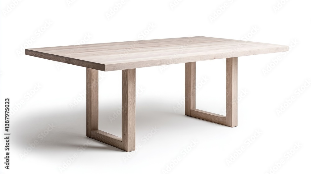 Fototapeta premium A light-colored wooden dining table features a rectangular top and simple, square legs. The image is cleanly composed against a white background. The lighting is even and bright, highlighting the wo