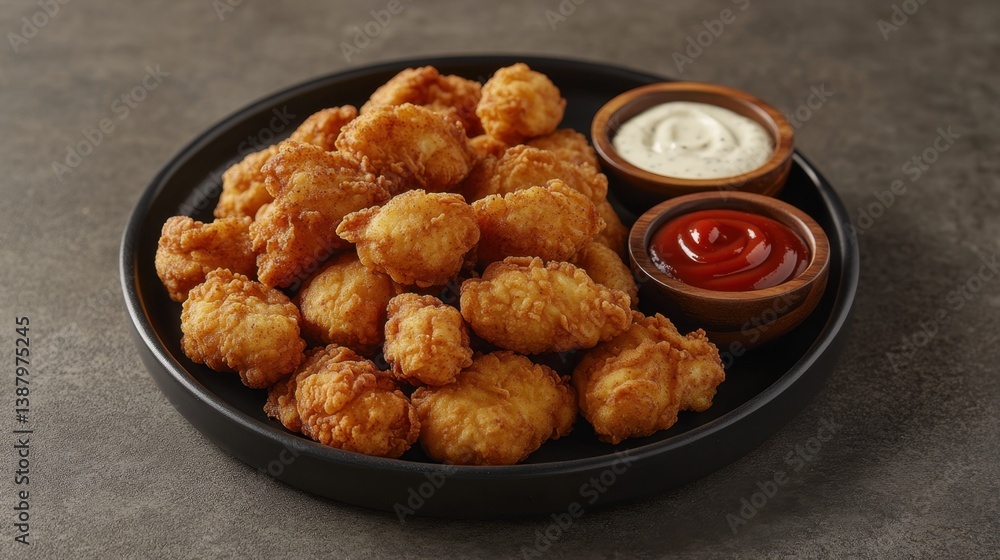 Pollo frito en plato con salsas