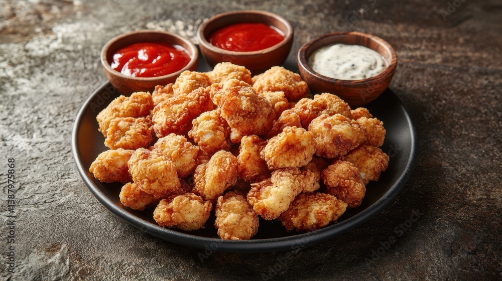 Plato de pollo frito con salsas