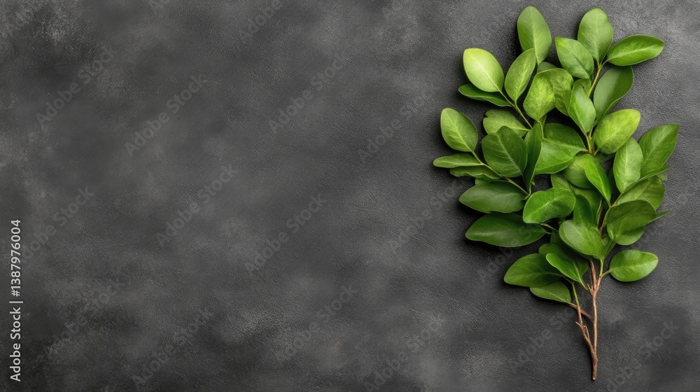 Fresh green leaves on dark textured surface Fresh green leaves on dark textured surface