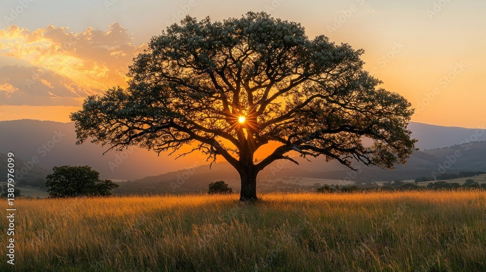 Sunrise, tree, golden field Sunrise, tree, golden field