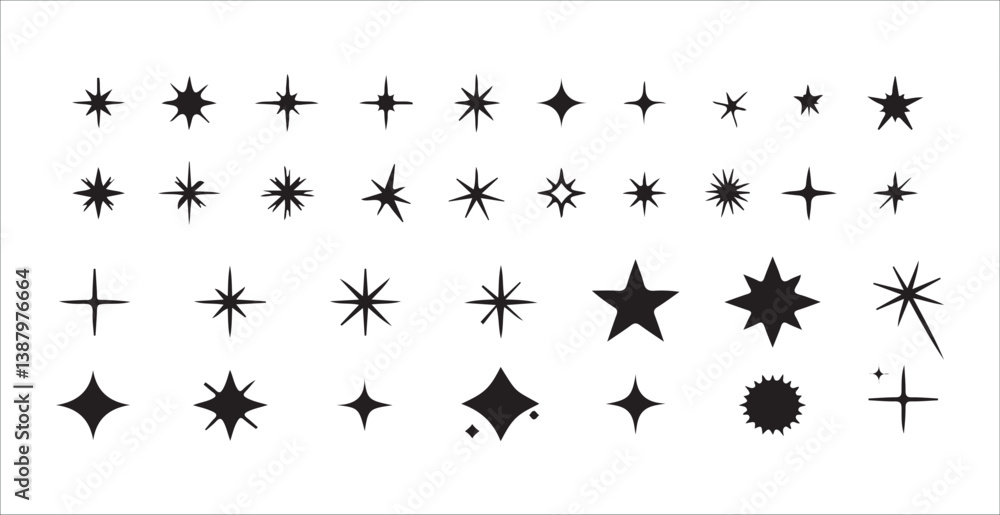 Fototapeta premium Vector Set of Black Sparkle, Star, and Burst Icons on Transparent Background . vector illustration eps 10.