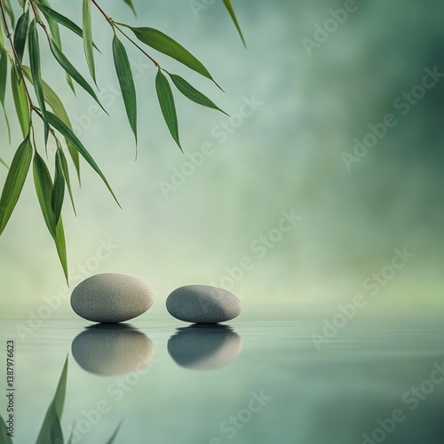 Piedras en agua reflexiva con hojas verdes