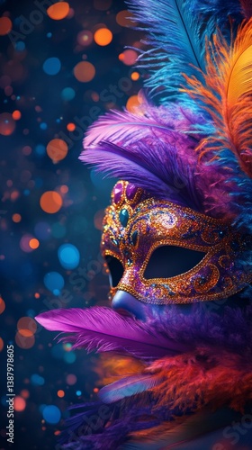 Colorful Mask Adorned With Feathers at a Carnival Celebration in a Vibrant Atmosphere